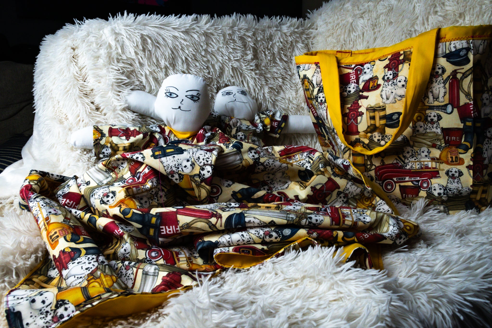Handmade Fabric Mini Tote Set with Boy and Girl Dolls
