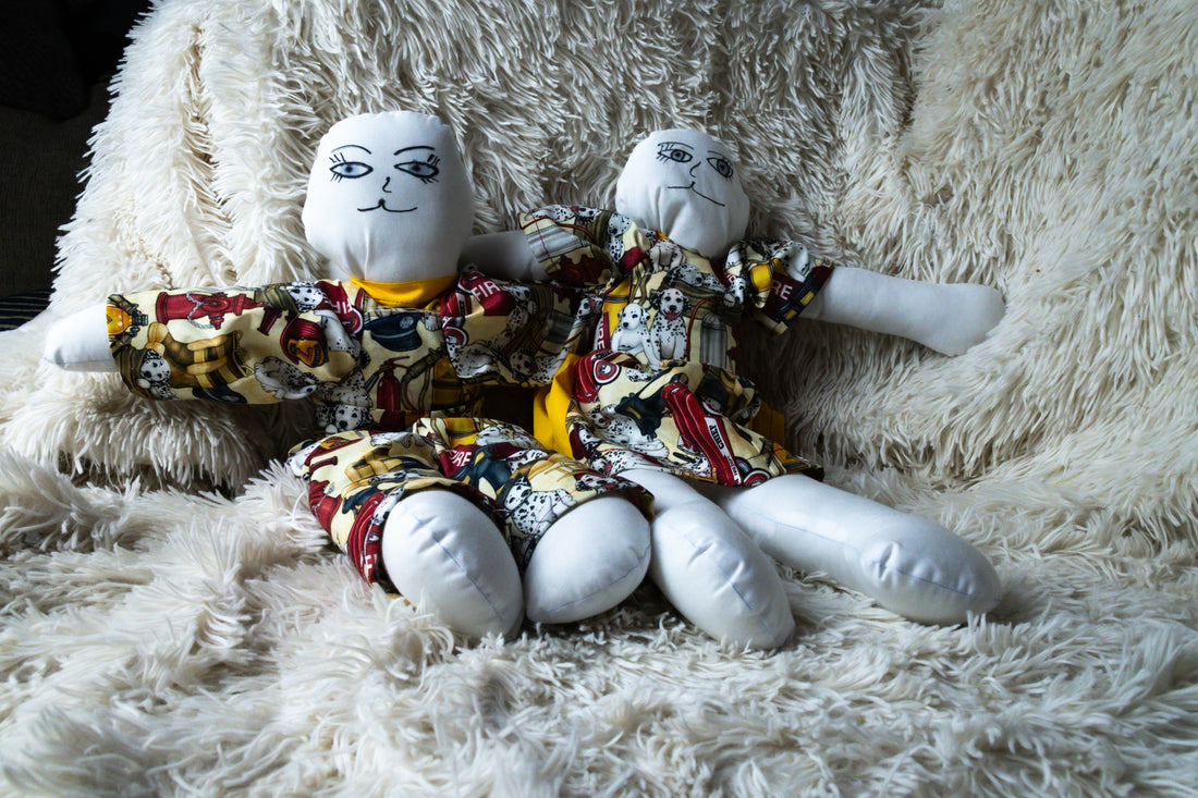 Handmade Fabric Mini Tote Set with Boy and Girl Dolls