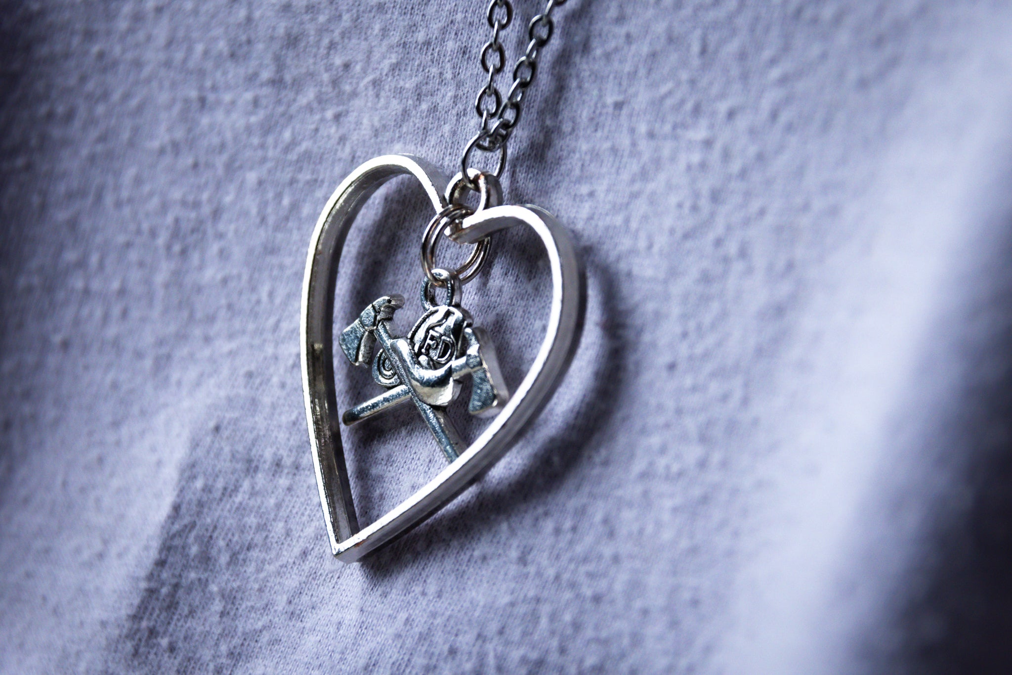 Handmade Long-Length Firefighter Fire Axe and Heart Necklace