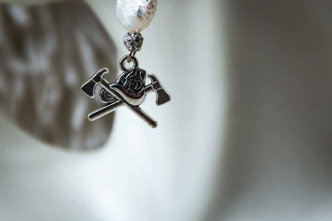 Handmade Firefighter Axe Earrings with White Stone