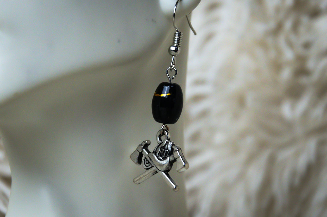 Handmade Firefighter Axe and Black Stone Earrings