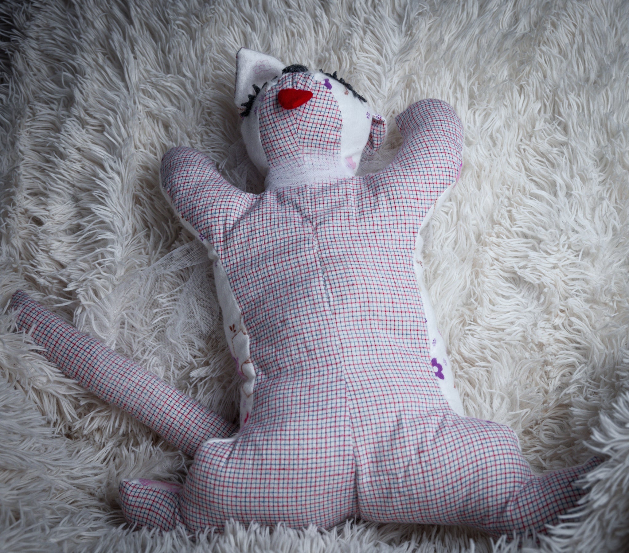 White and Pink Hand-Sewn Stuffed Cat Toy for Kids