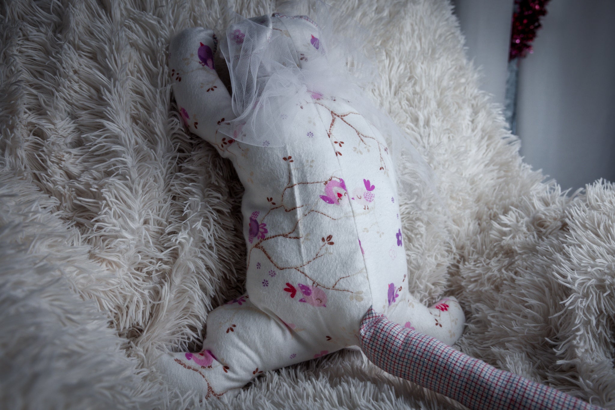 White and Pink Hand-Sewn Stuffed Cat Toy for Kids