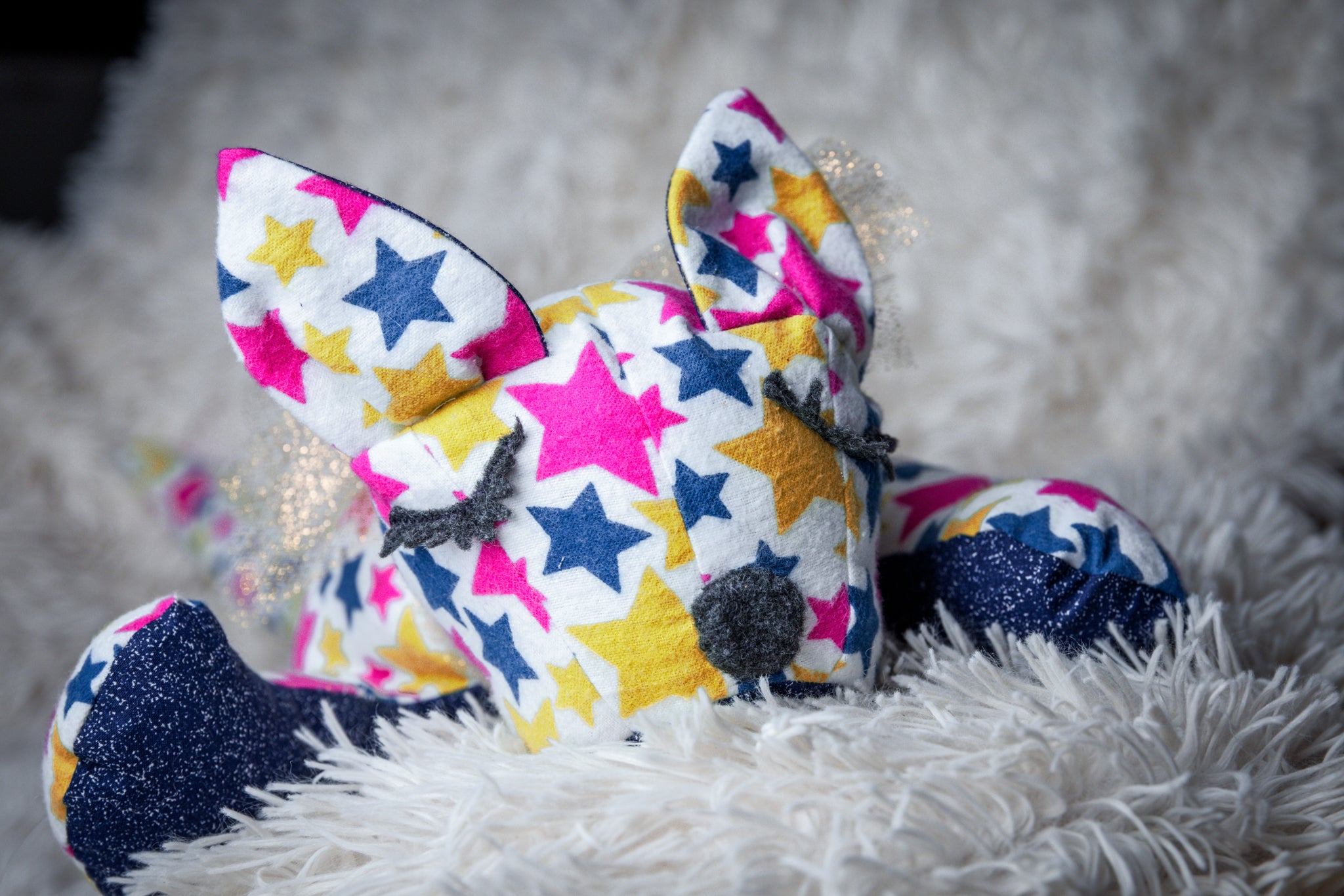 White and Pink Hand-Sewn Stuffed Cat Toy for Kids
