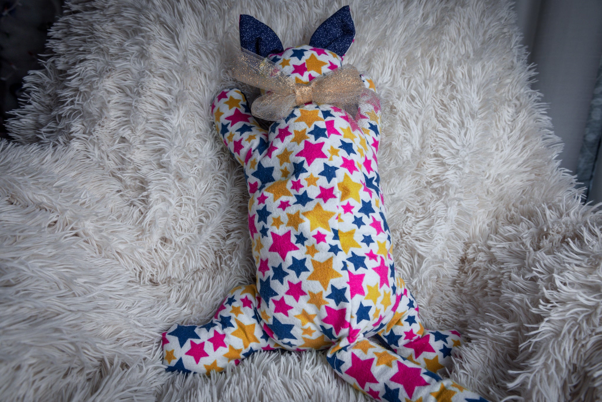 White and Pink Hand-Sewn Stuffed Cat Toy for Kids