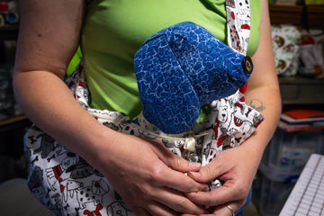 Handcrafted White Dog-Themed Doggie Ride-Along Shoulder Bag with Blue Stuffed Pup