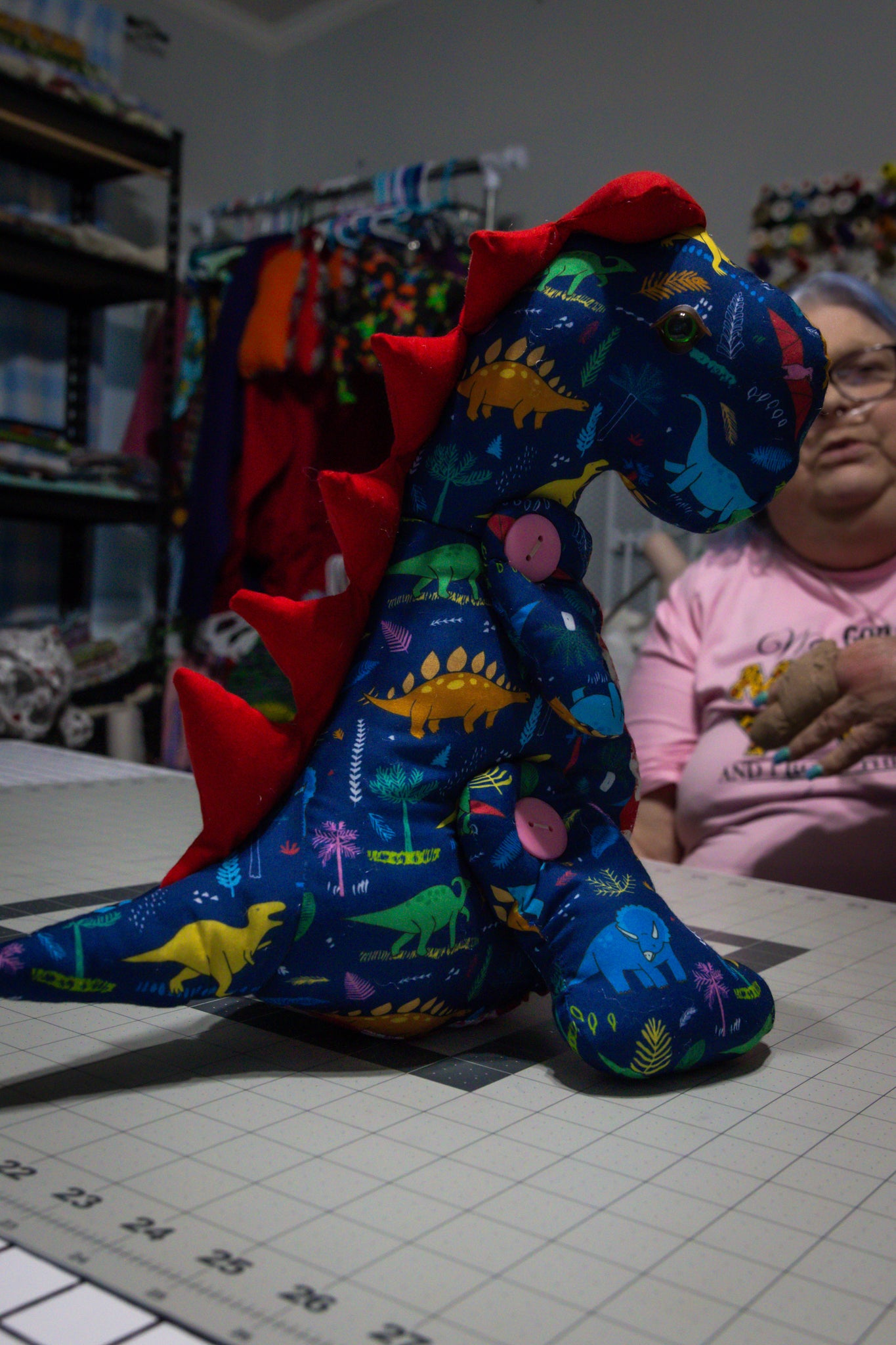 Handcrafted Blue Dinosaur Patterned Dragon Plush with Fiery Red Accents