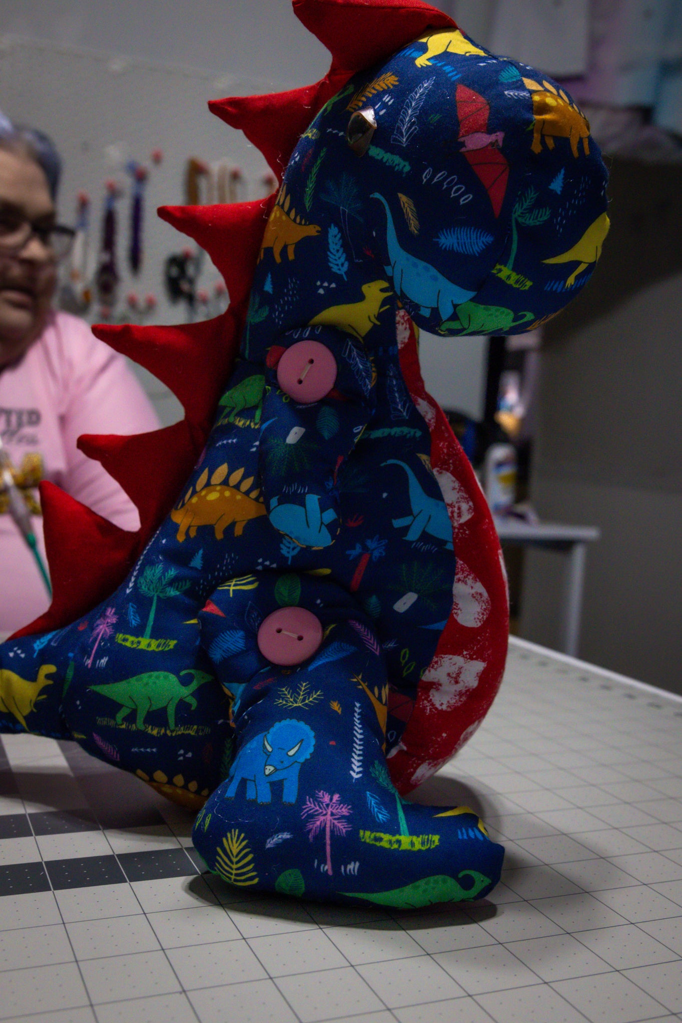 Handcrafted Blue Dinosaur Patterned Dragon Plush with Fiery Red Accents