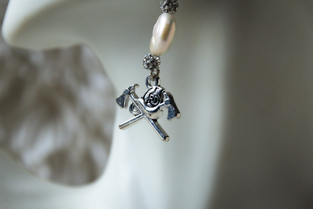 Handmade Firefighter Axe Earrings Set With Pearl