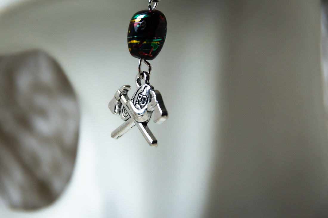 Handmade Firefighter Axe Earrings with Black Stone