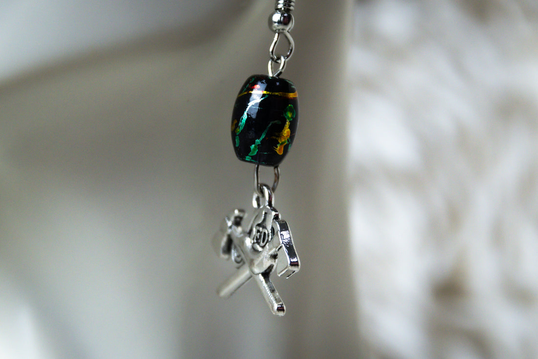 Handmade Firefighter Axe Earrings with Green Stone