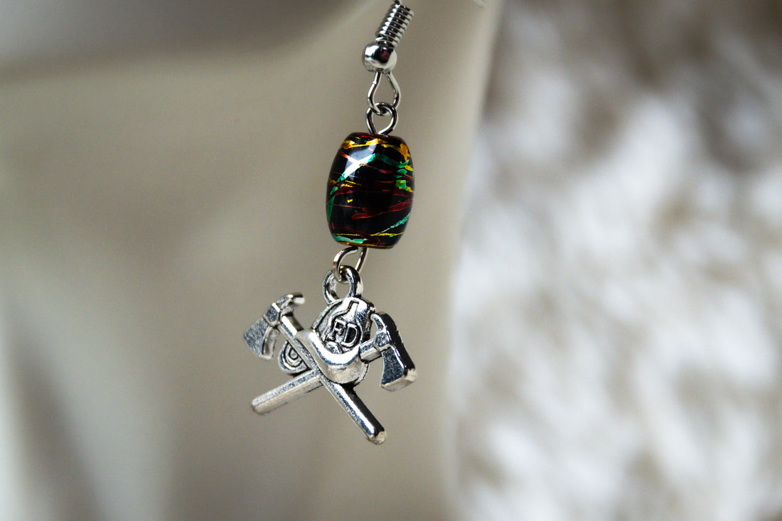 Handmade Firefighter Axe Earrings with Colorful Stone
