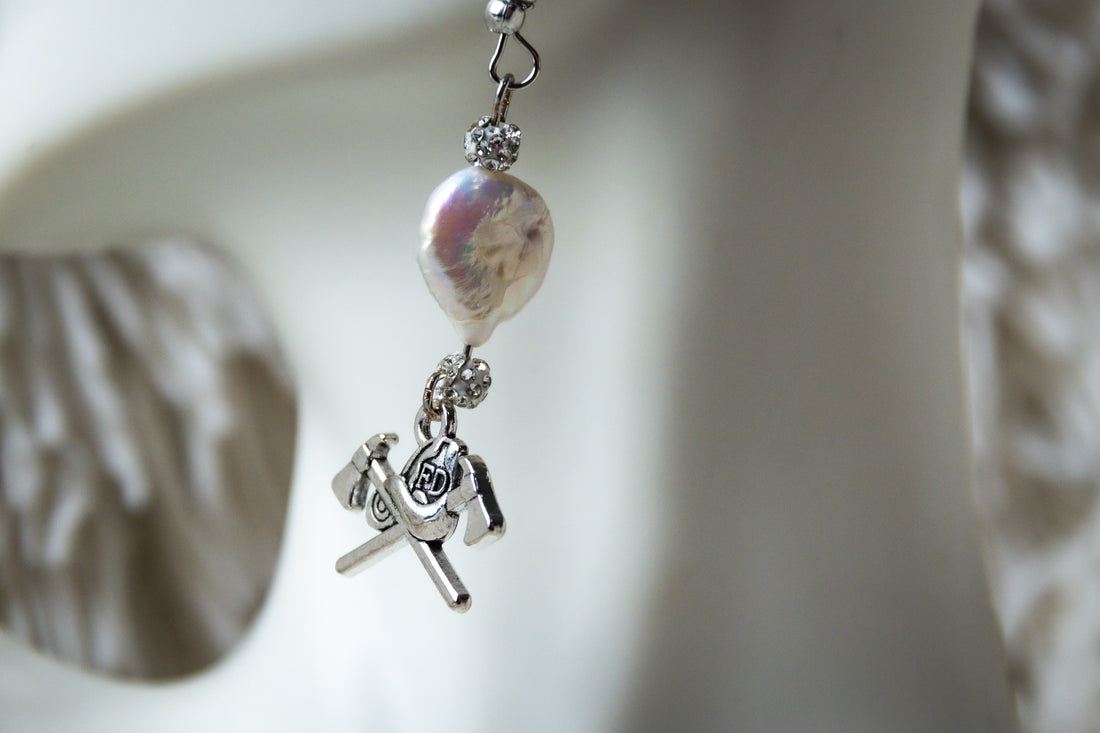 Handmade Firefighter Axe Earrings with White Stone