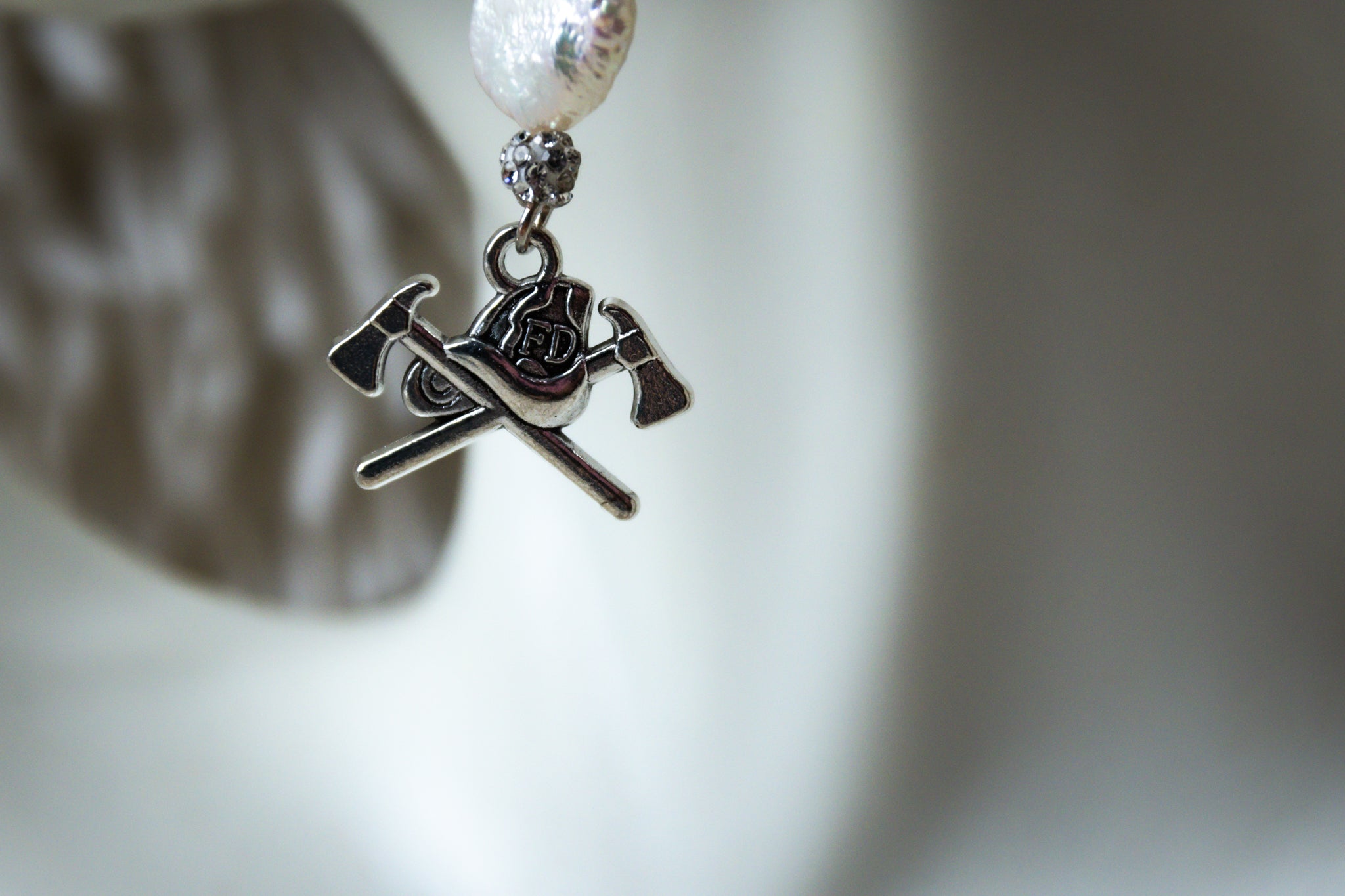 Handmade Firefighter Axe Earrings with White Stone