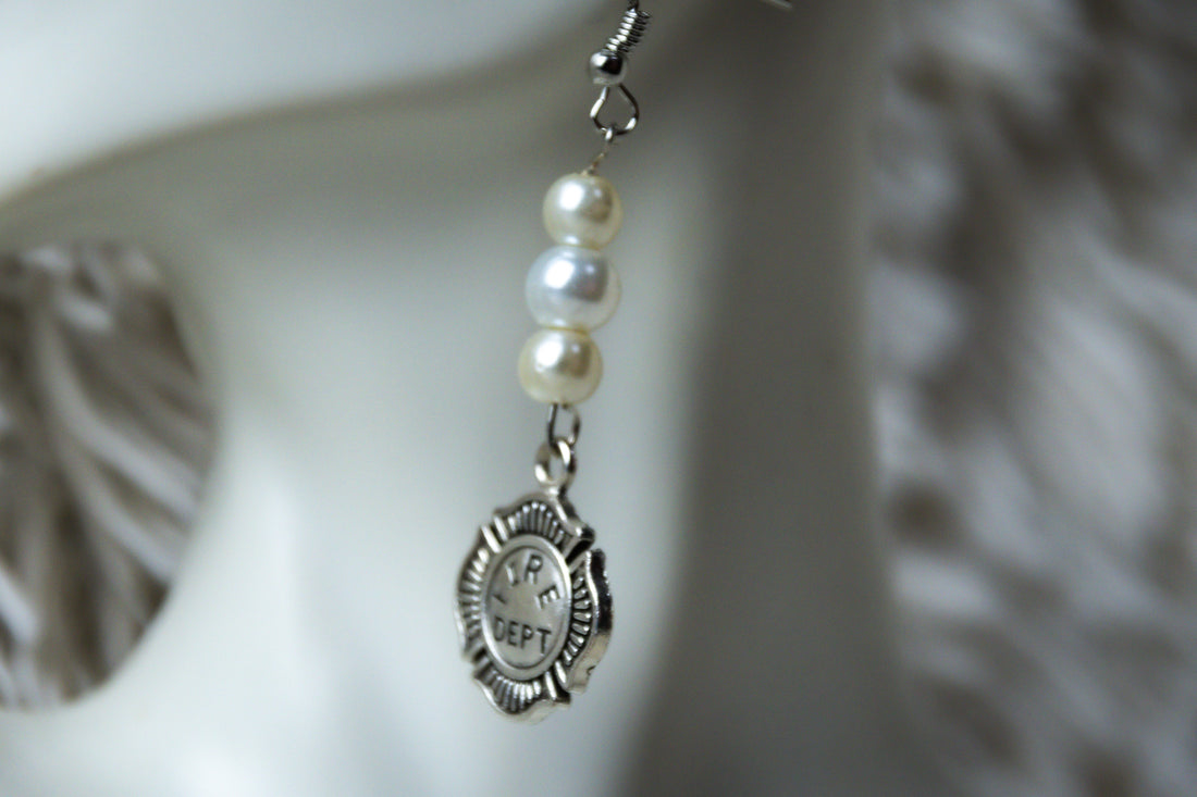 Handmade Firefighter Shield and Pearl Earrings