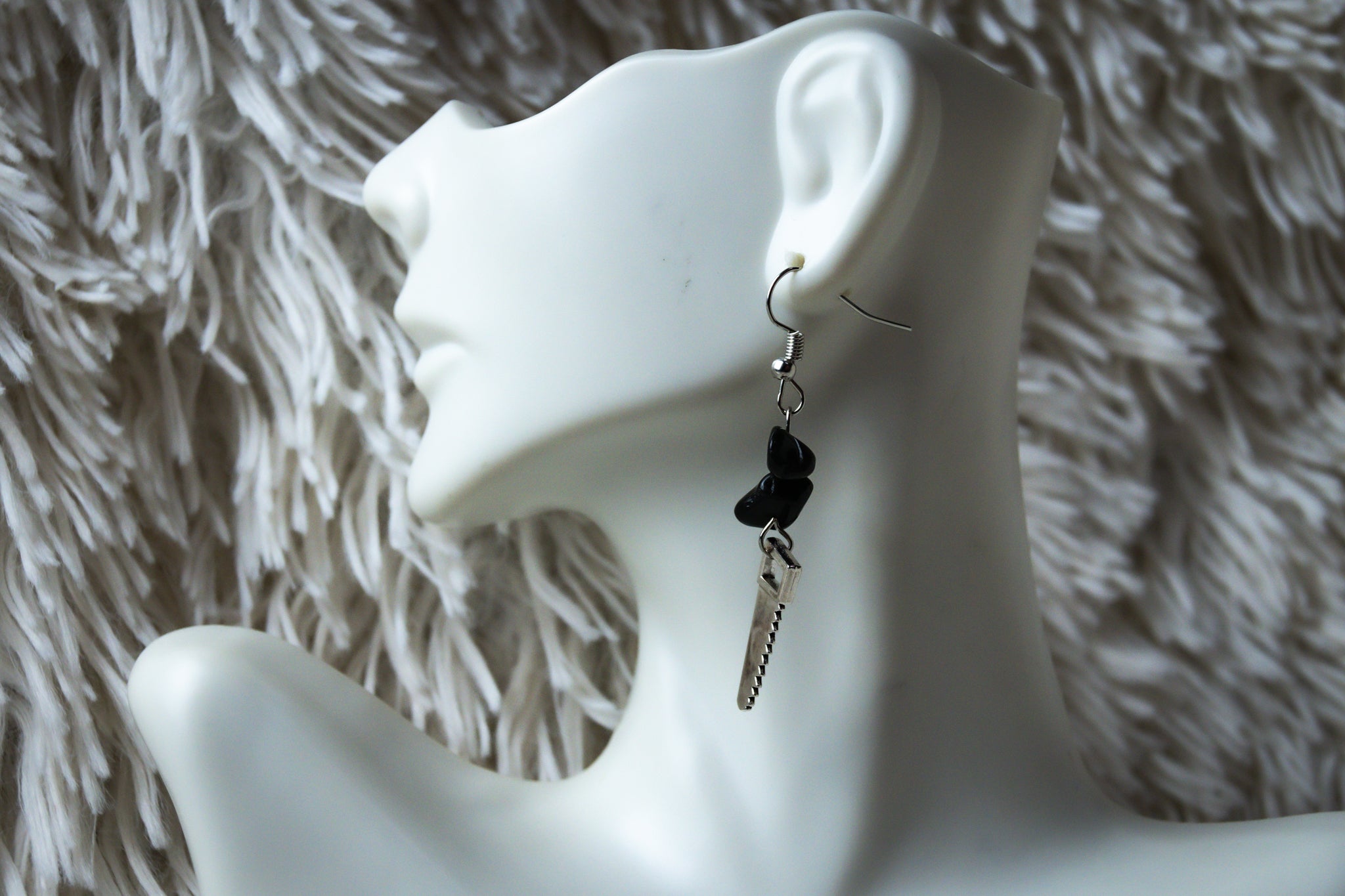 Handmade Firefighter Saw and Black Stone Earrings