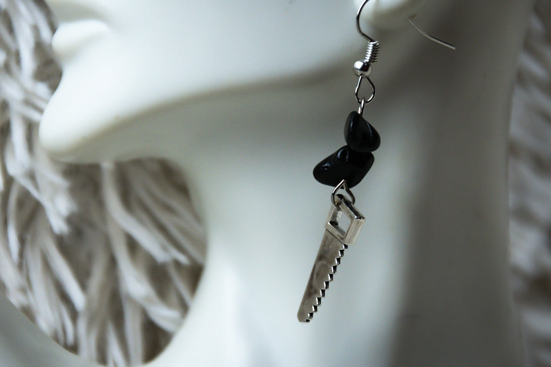 Handmade Firefighter Saw and Black Stone Earrings