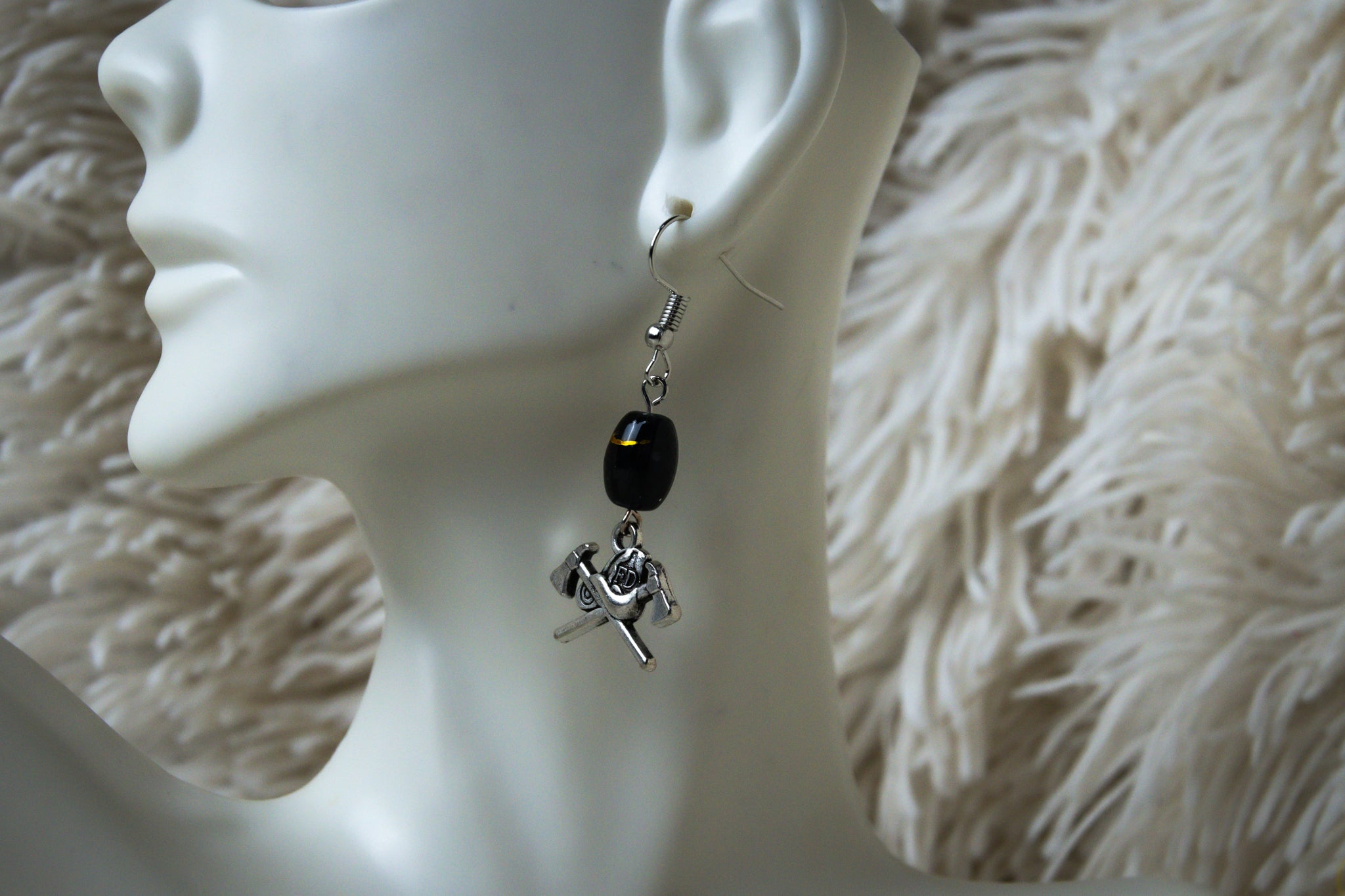 Handmade Firefighter Axe and Black Stone Earrings