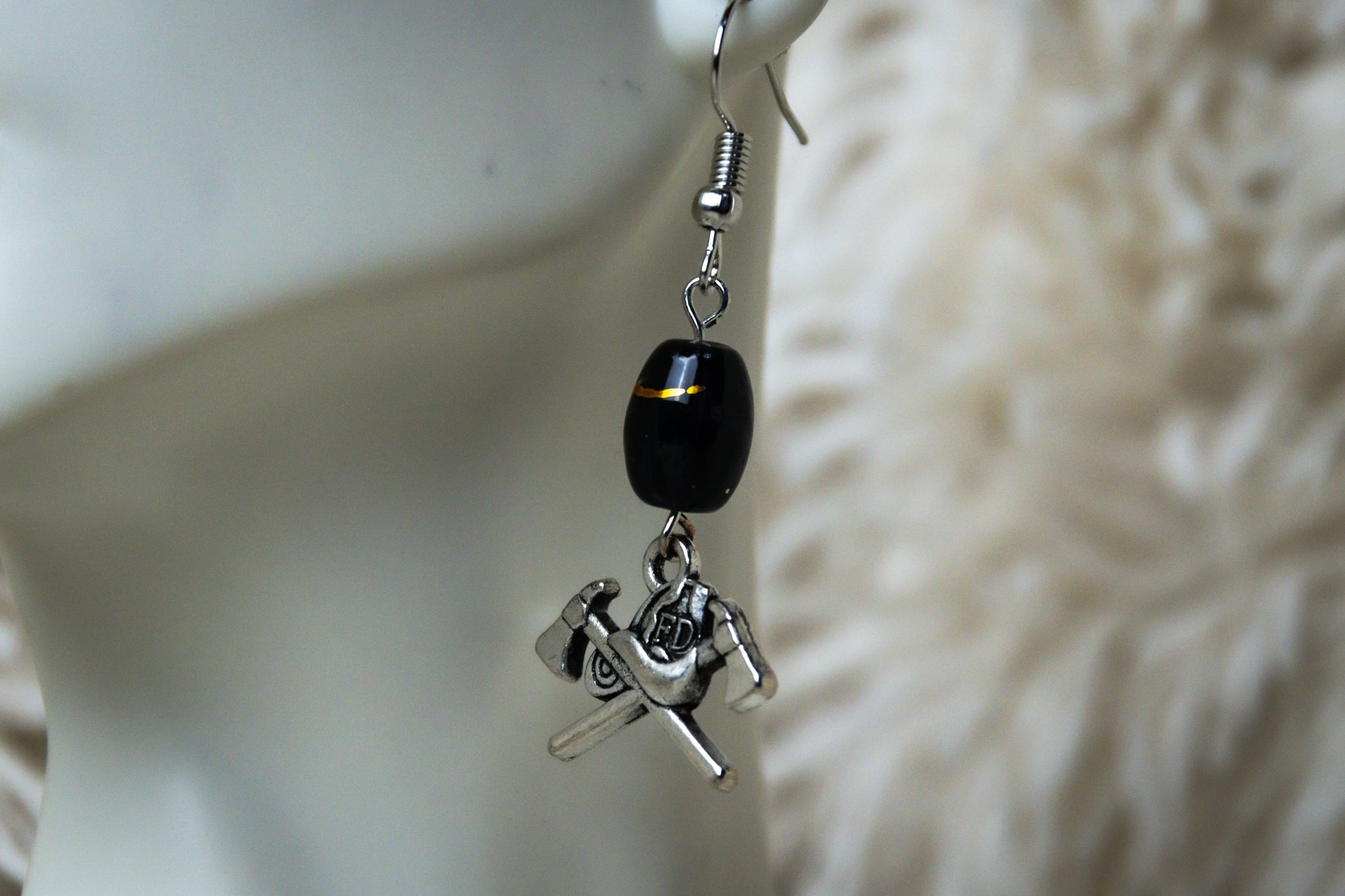 Handmade Firefighter Axe and Black Stone Earrings