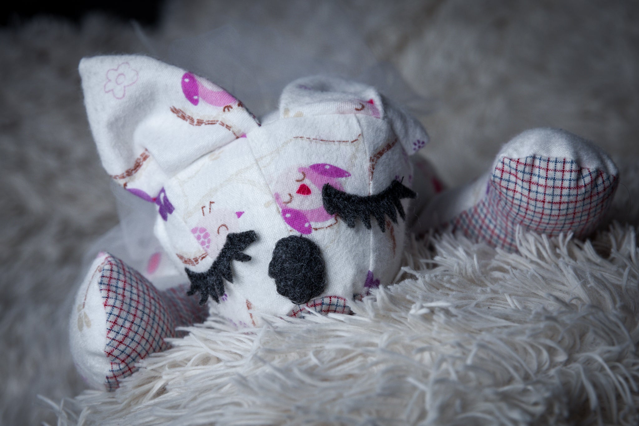White and Pink Hand-Sewn Stuffed Cat Toy for Kids