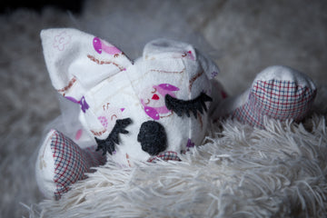White and Pink Hand-Sewn Stuffed Cat Toy for Kids