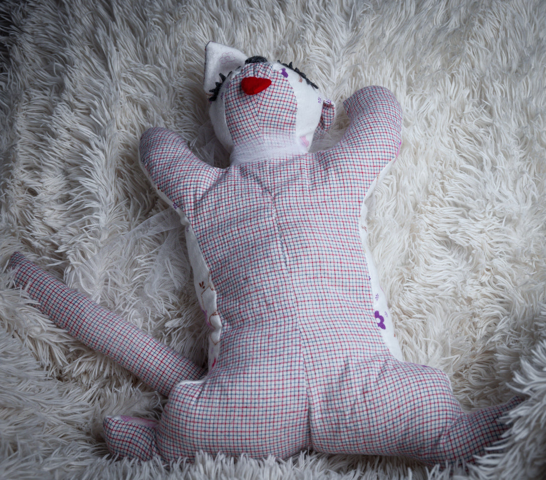 White and Pink Hand-Sewn Stuffed Cat Toy for Kids