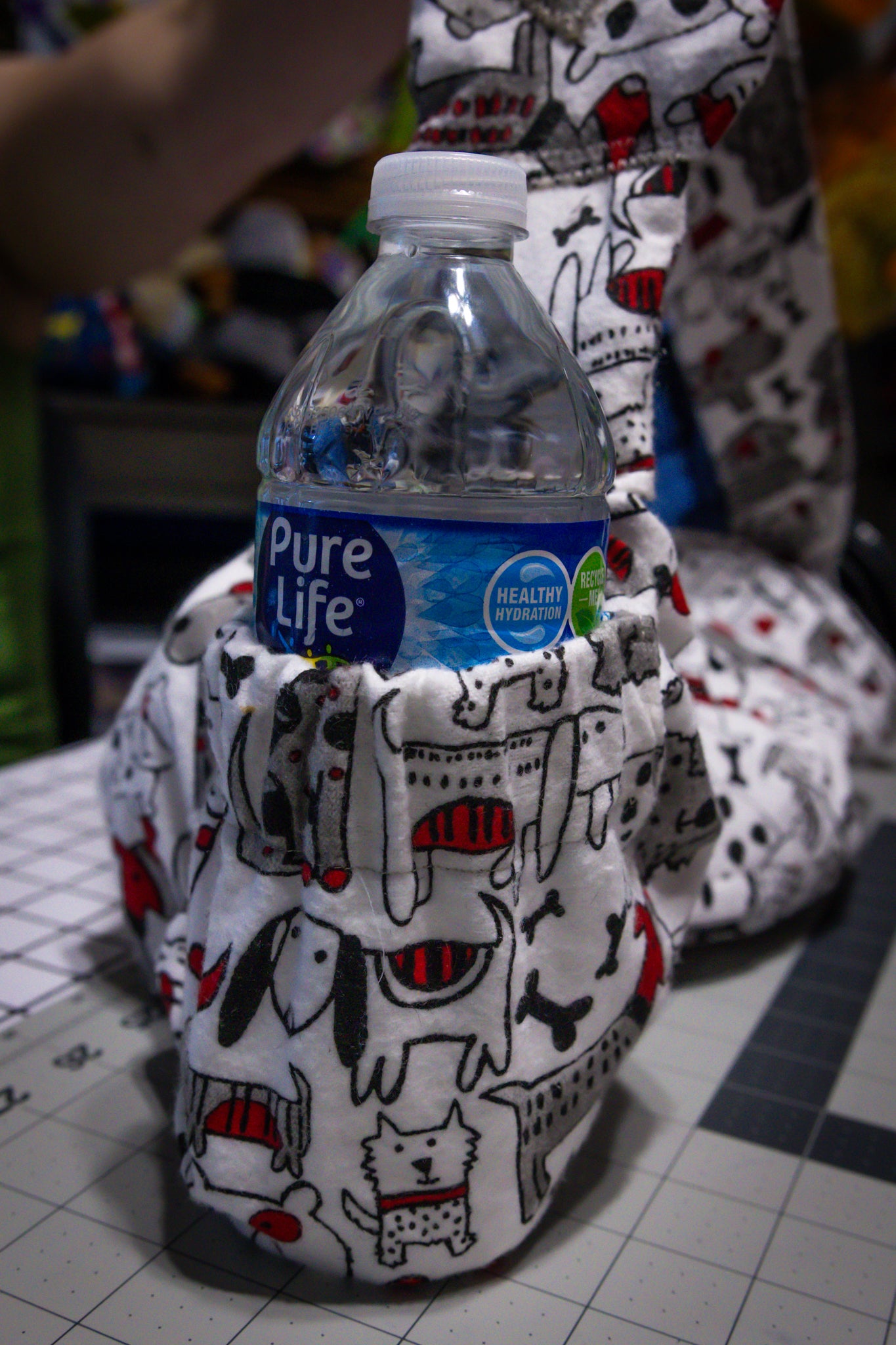Handcrafted White Dog-Themed Doggie Ride-Along Shoulder Bag with Blue Stuffed Pup
