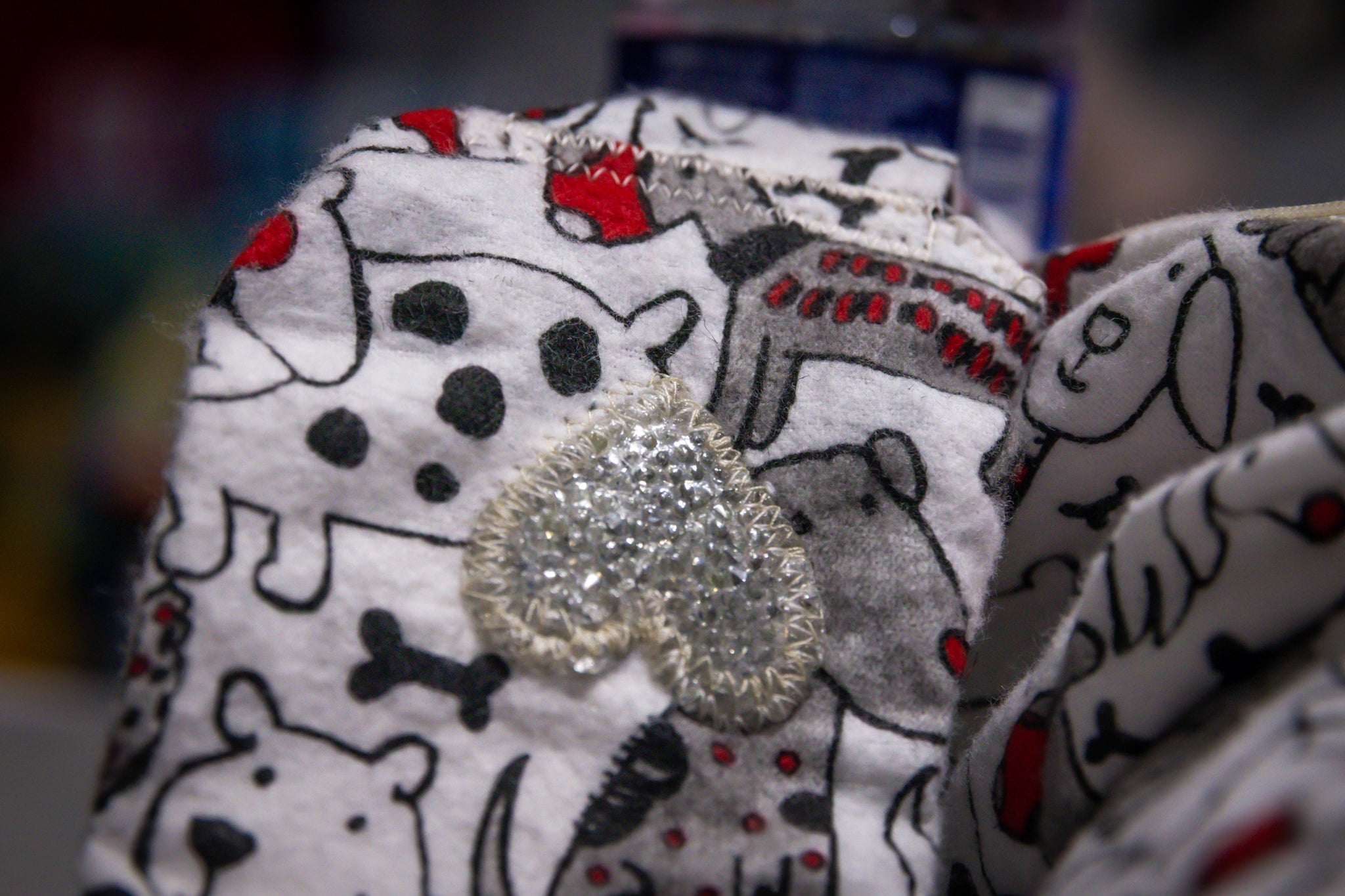Handcrafted White Dog-Themed Doggie Ride-Along Shoulder Bag with Blue Stuffed Pup