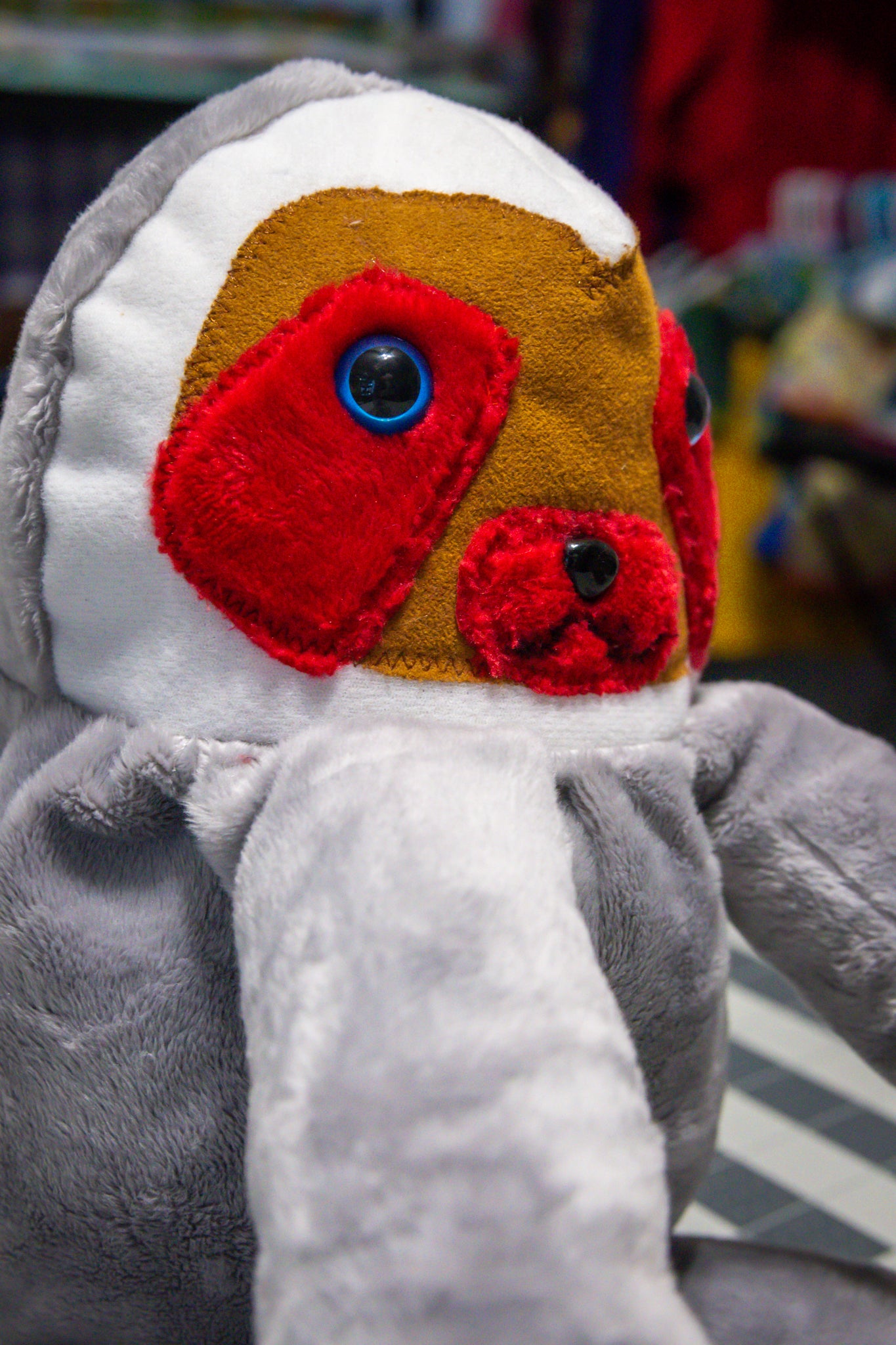 Handcrafted Grey Velcro Sloth Plush with Orange Face and Red Eye Accents