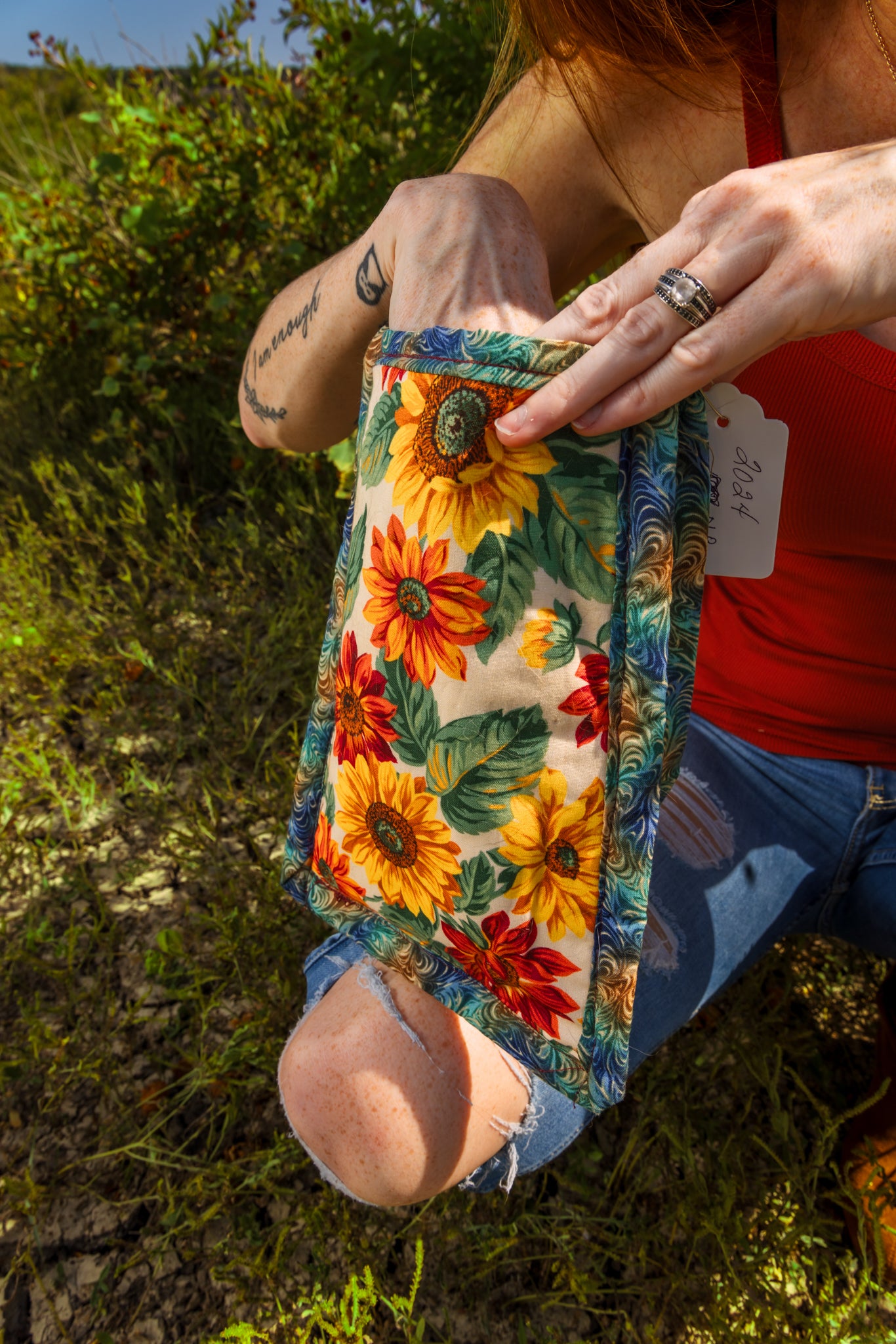 Handmade Red Sunflower-Themed Fabric Handbag